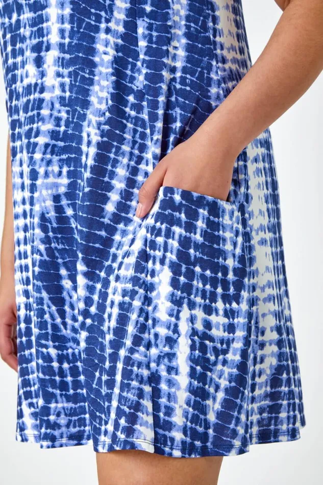 Women Navy Curve Tie Dye Stretch Swing Dress Roman Dresses