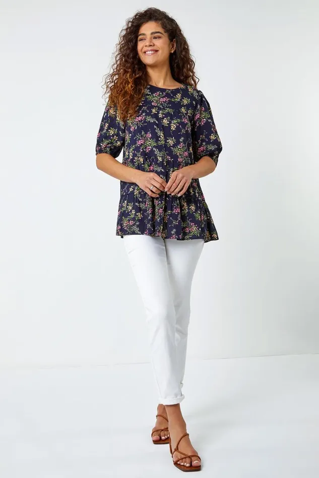 Women Navy Ditsy Floral Print Puff Sleeve Top Roman Tops