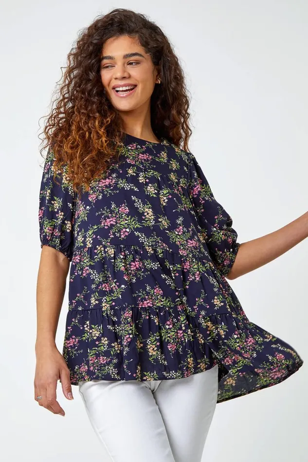 Women Navy Ditsy Floral Print Puff Sleeve Top Roman Tops