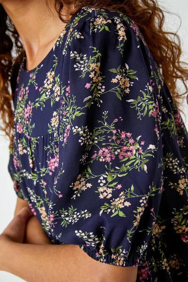 Women Navy Ditsy Floral Print Puff Sleeve Top Roman Tops