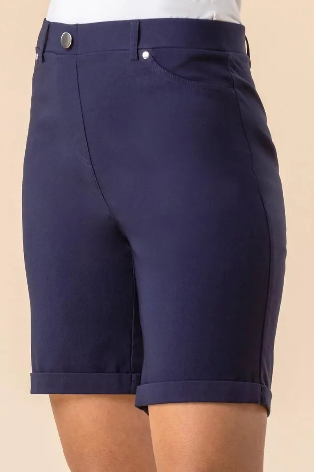 Women Navy Elastic Waist Turn Up Stretch Shorts Roman Coords