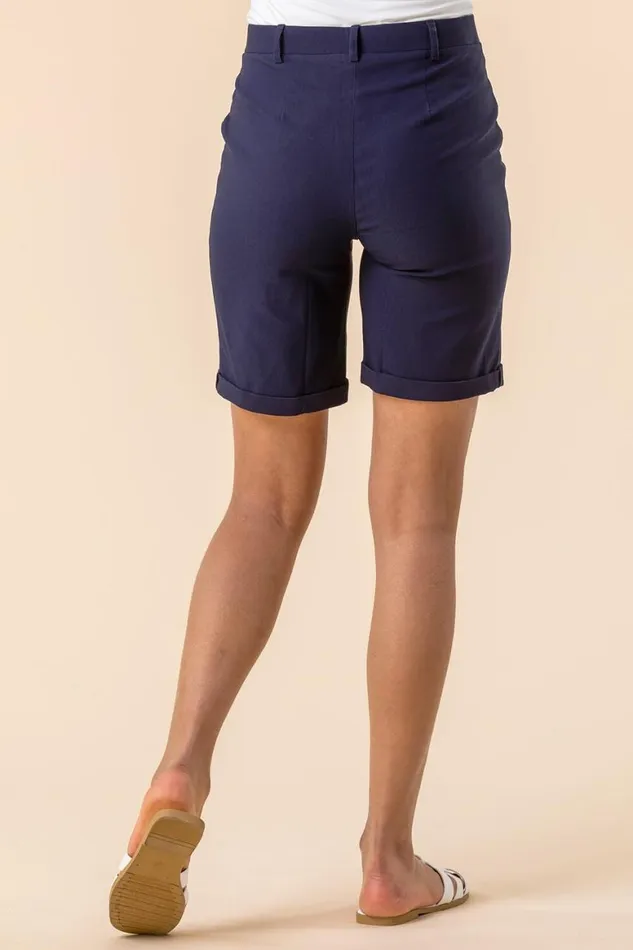 Women Navy Elastic Waist Turn Up Stretch Shorts Roman Coords