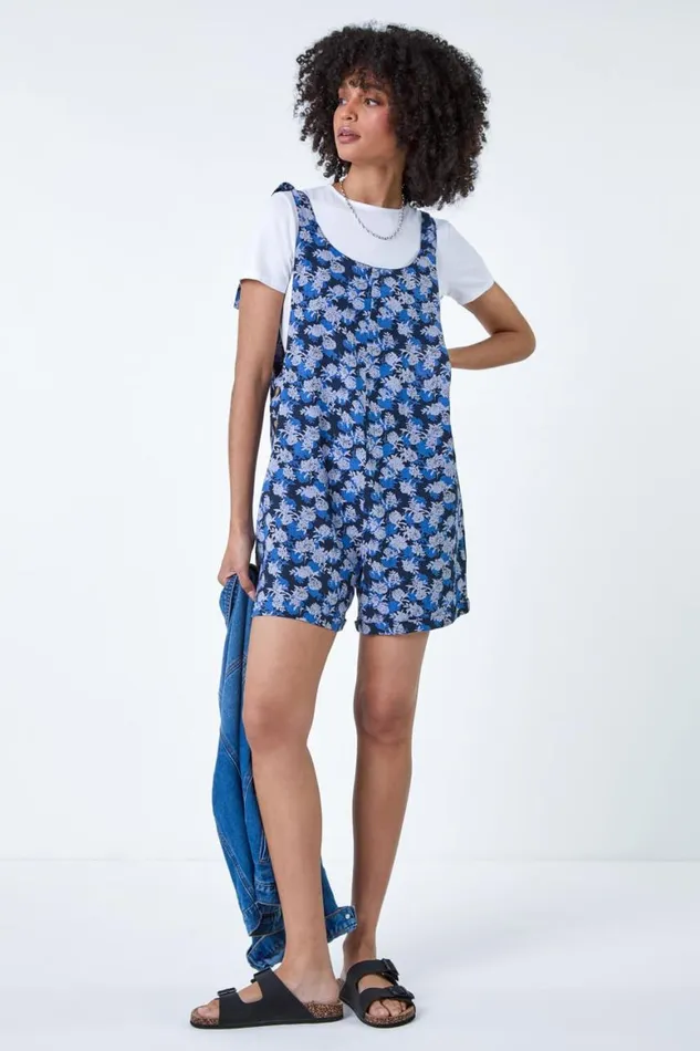 Women Navy Floral Cotton Linen Blend Playsuit Roman Dresses