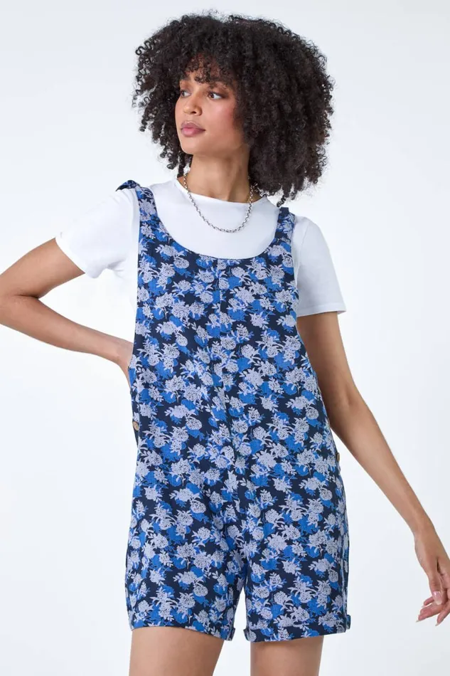 Women Navy Floral Cotton Linen Blend Playsuit Roman Dresses