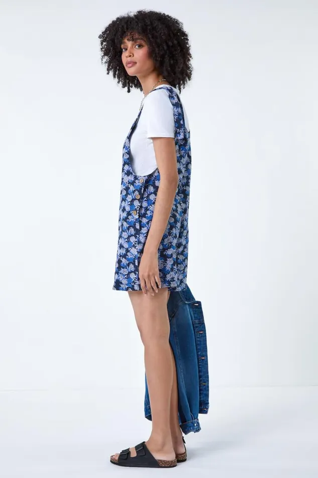 Women Navy Floral Cotton Linen Blend Playsuit Roman Dresses