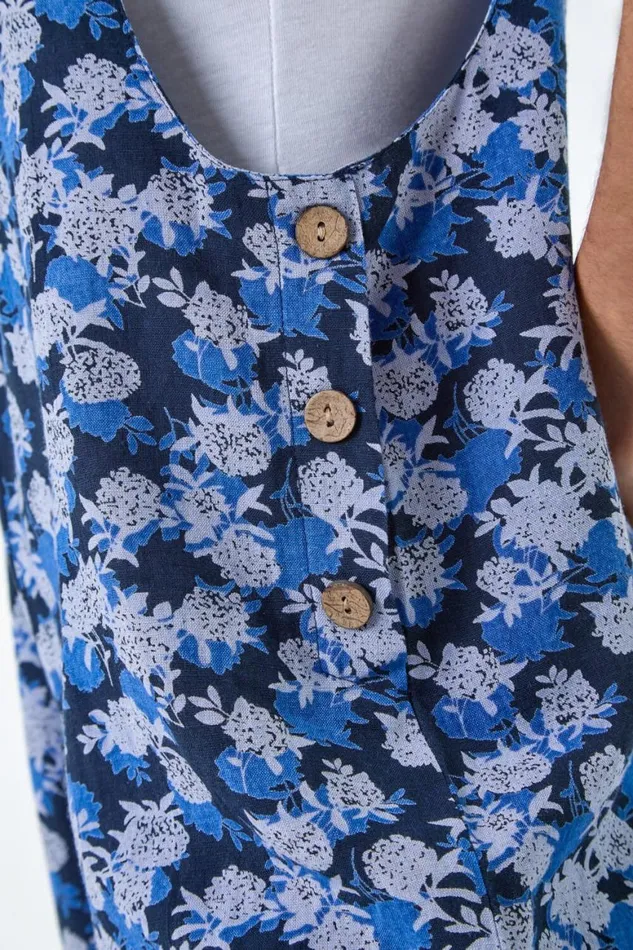 Women Navy Floral Cotton Linen Blend Playsuit Roman Dresses