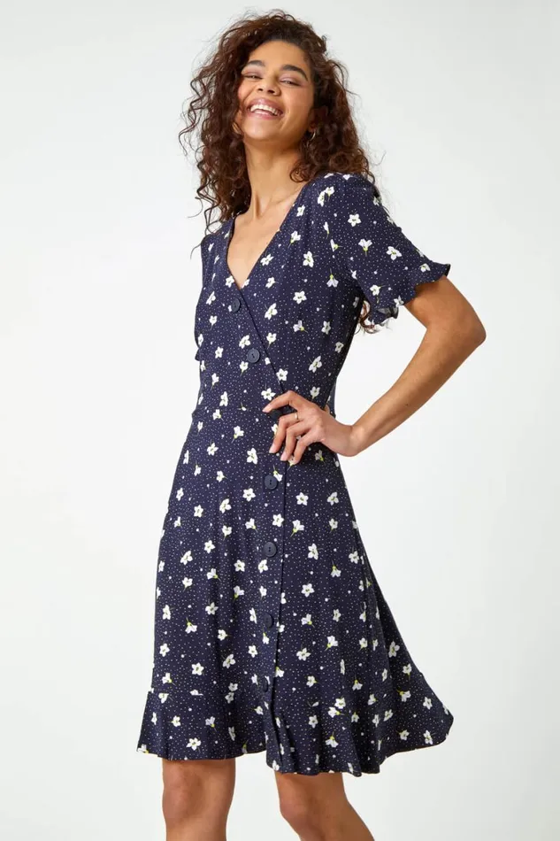 Women Navy Floral Jersey Stretch Tea Dress Roman Dresses