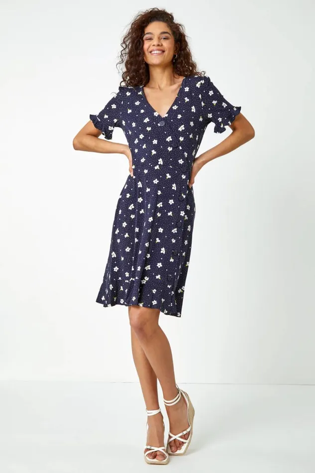 Women Navy Floral Jersey Stretch Tea Dress Roman Dresses