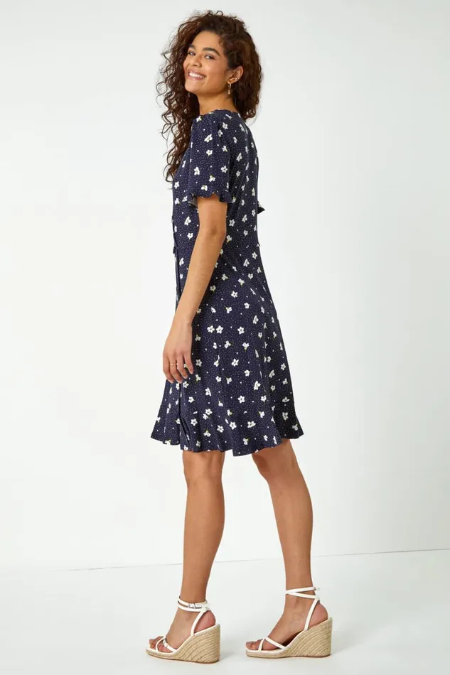 Women Navy Floral Jersey Stretch Tea Dress Roman Dresses