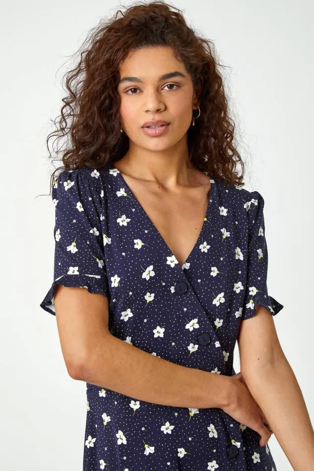 Women Navy Floral Jersey Stretch Tea Dress Roman Dresses