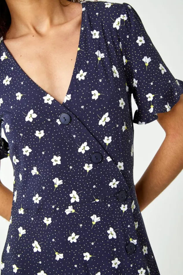 Women Navy Floral Jersey Stretch Tea Dress Roman Dresses