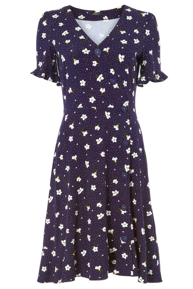 Women Navy Floral Jersey Stretch Tea Dress Roman Dresses