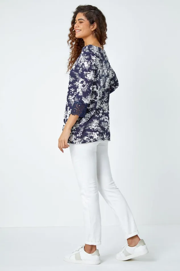 Women Navy Floral Lace Trim Stretch Top Roman Tops