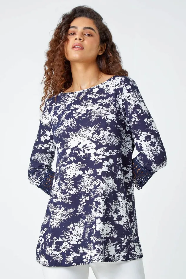 Women Navy Floral Lace Trim Stretch Top Roman Tops