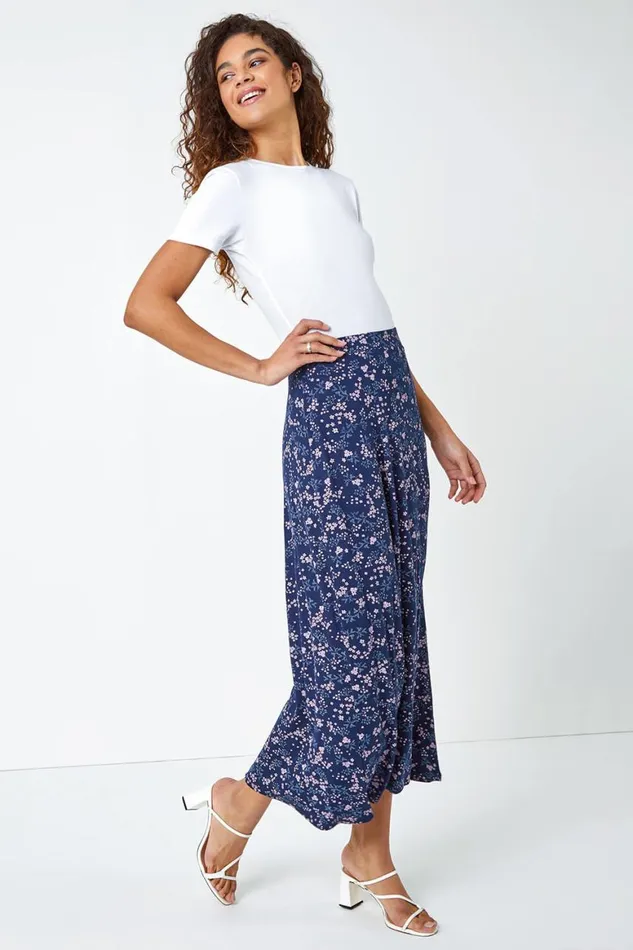 Women Navy Floral Print Elastic Waist Midi Stretch Skirt Roman Skirts