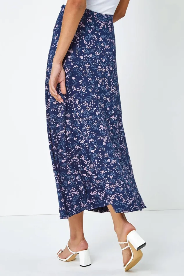 Women Navy Floral Print Elastic Waist Midi Stretch Skirt Roman Skirts