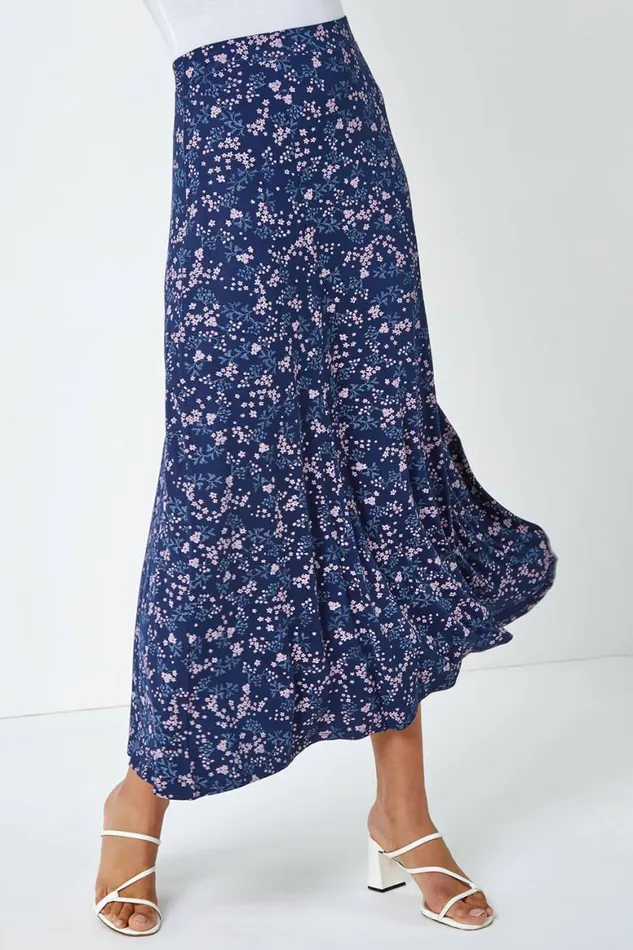 Women Navy Floral Print Elastic Waist Midi Stretch Skirt Roman Skirts