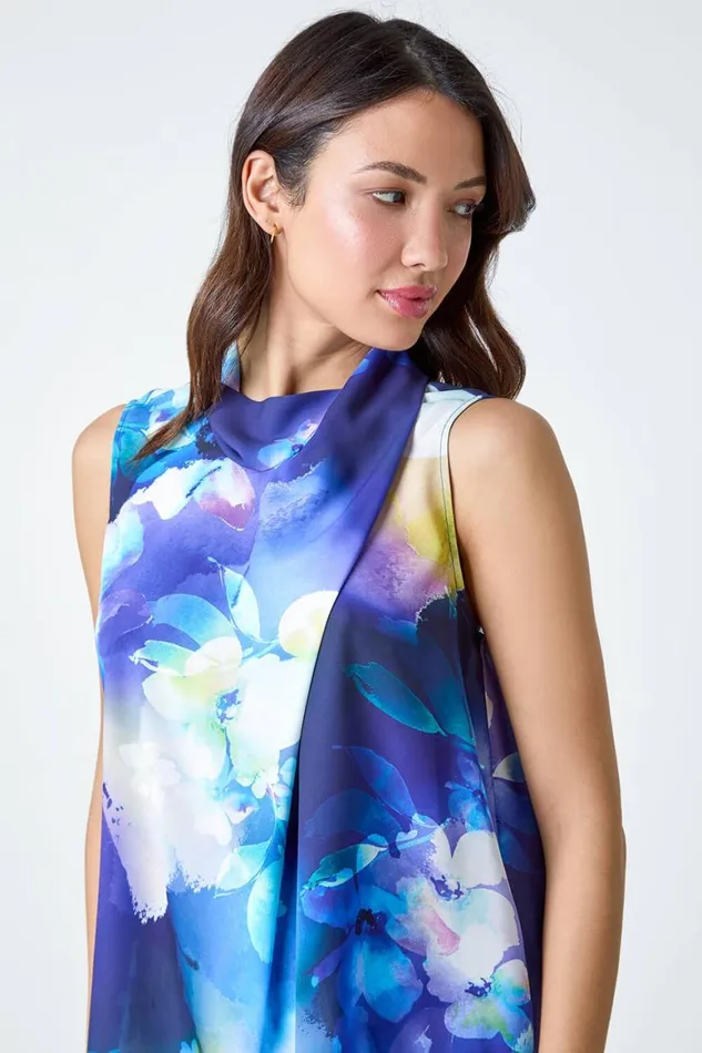 Women Navy Floral Print High Neck Top Roman Tops
