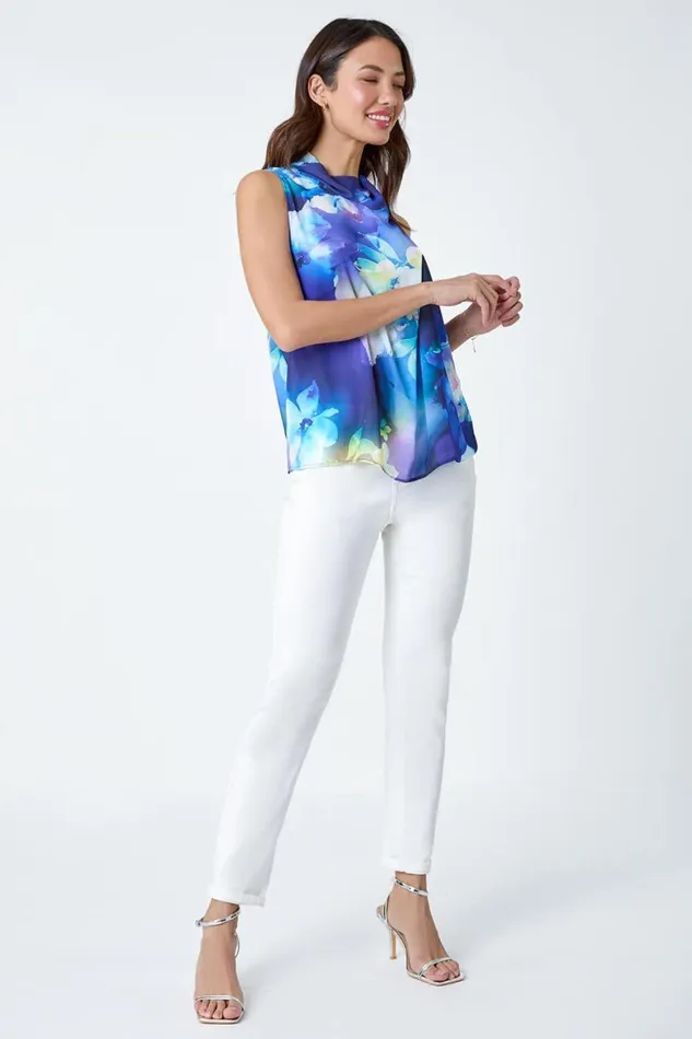 Women Navy Floral Print High Neck Top Roman Tops