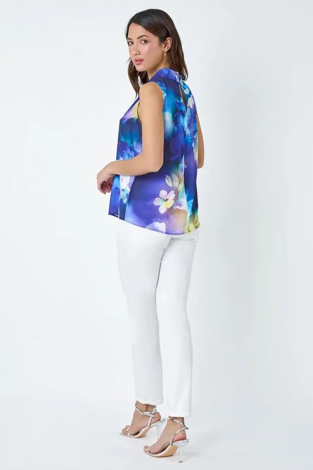 Women Navy Floral Print High Neck Top Roman Tops