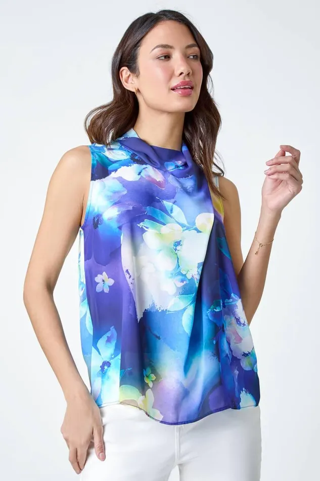 Women Navy Floral Print High Neck Top Roman Tops