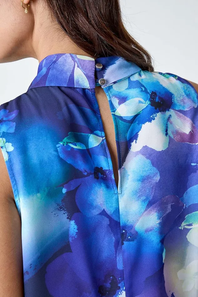 Women Navy Floral Print High Neck Top Roman Tops