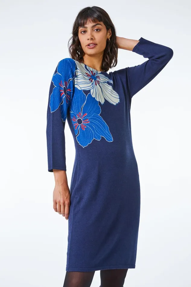 Women Navy Floral Print Knitted Dress Roman Dresses