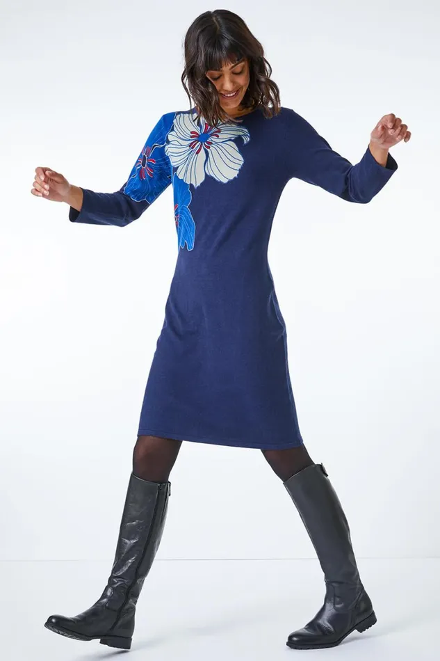 Women Navy Floral Print Knitted Dress Roman Dresses