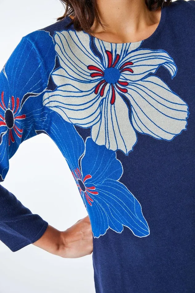 Women Navy Floral Print Knitted Dress Roman Dresses