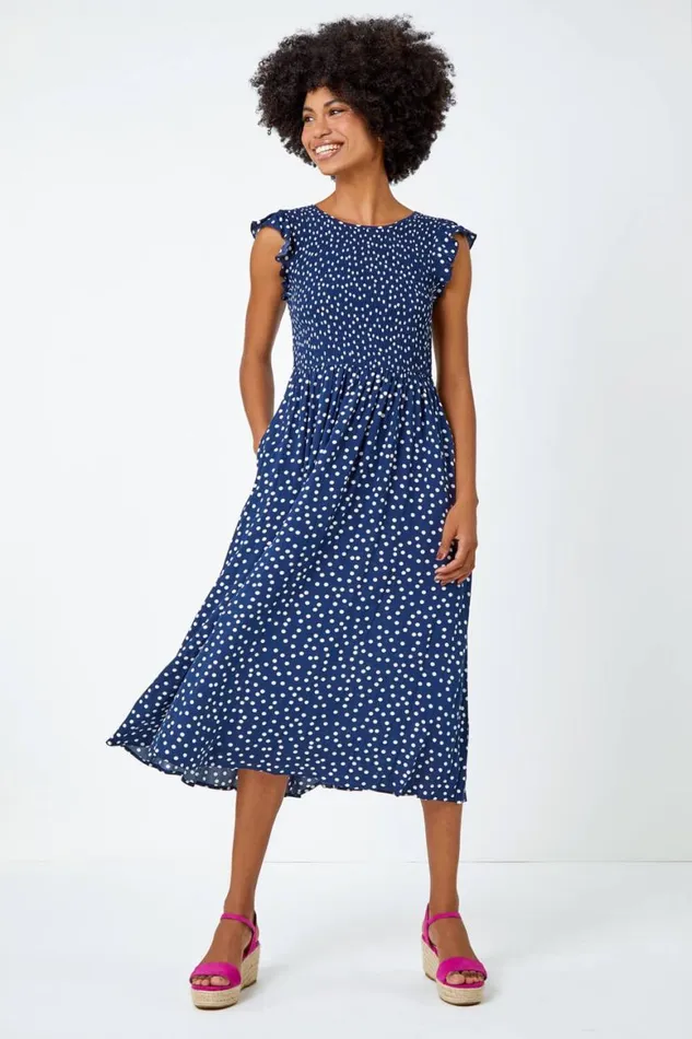 Women Navy Frill Sleeve Spot Shirred Midi Dress Roman Dresses