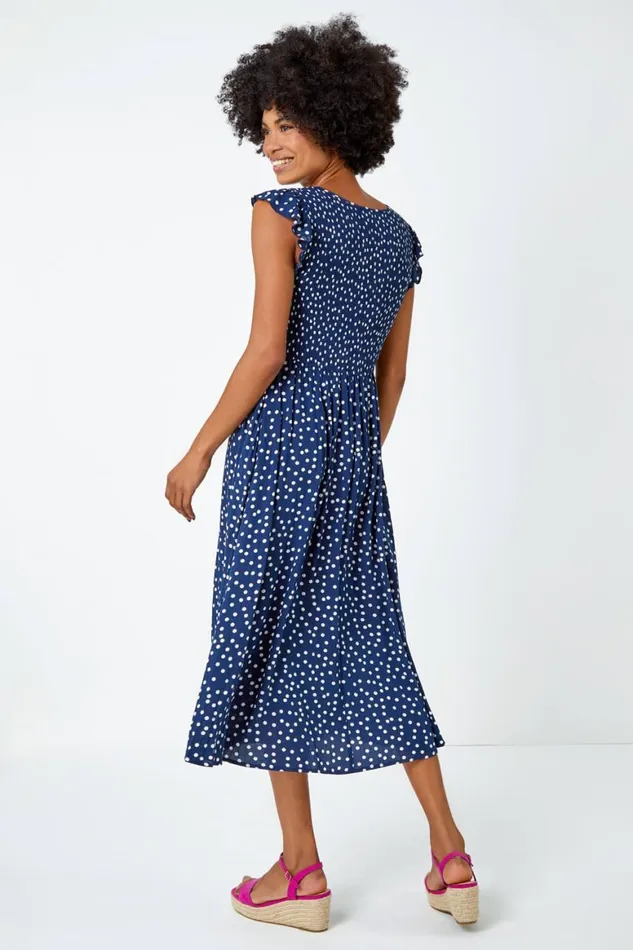 Women Navy Frill Sleeve Spot Shirred Midi Dress Roman Dresses
