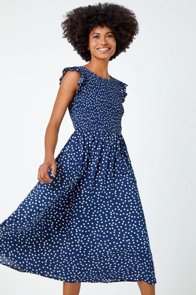 Women Navy Frill Sleeve Spot Shirred Midi Dress Roman Dresses