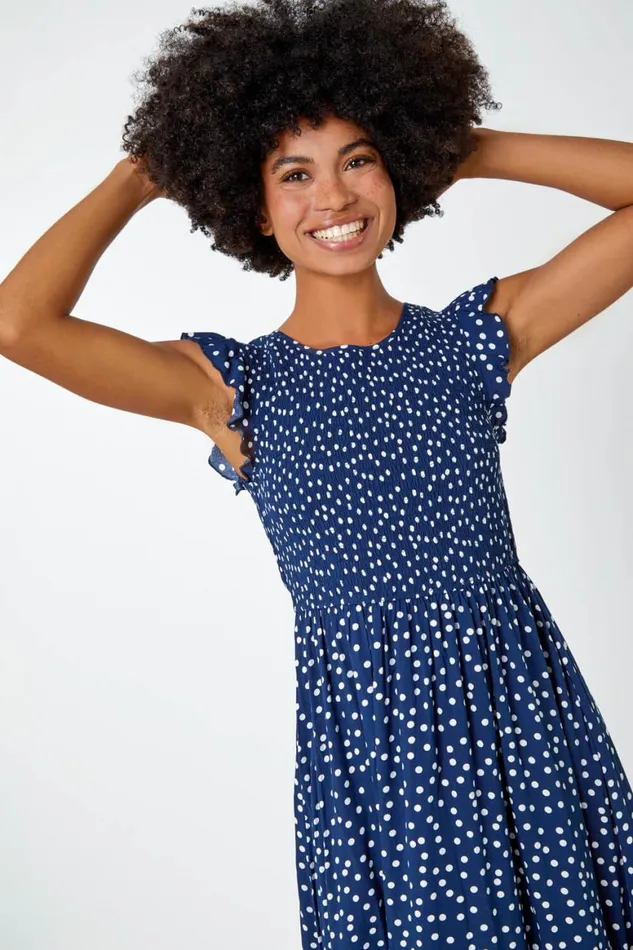 Women Navy Frill Sleeve Spot Shirred Midi Dress Roman Dresses