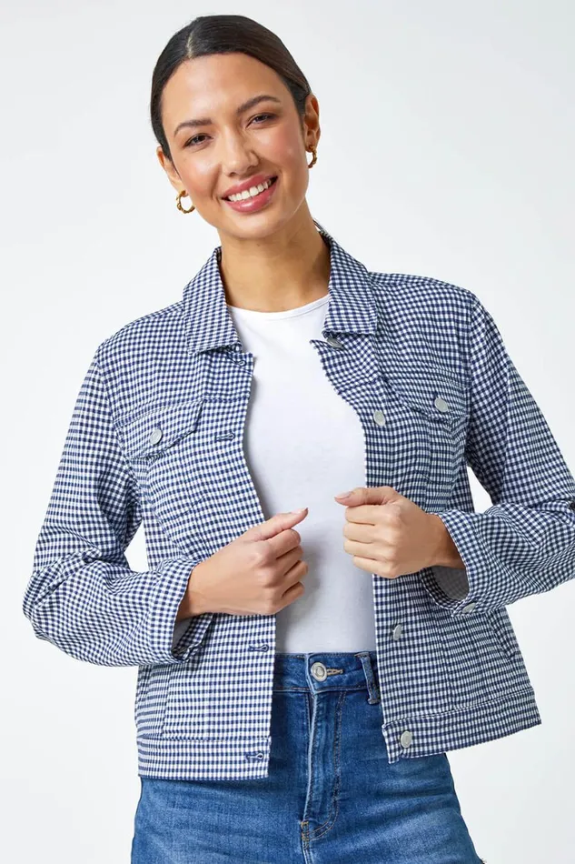 Women Navy Gingham Stretch Pocket Detail Jacket Roman Jackets