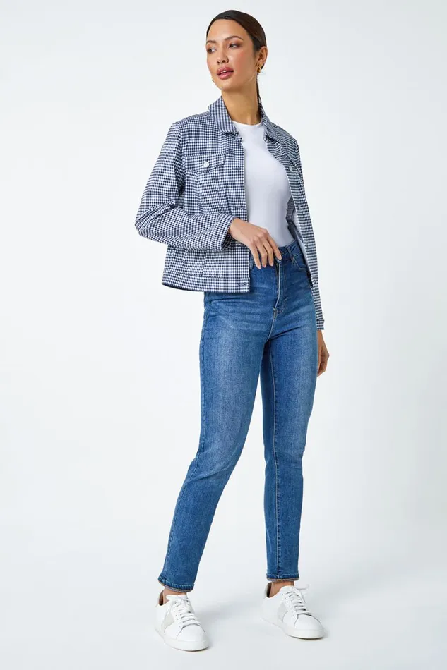 Women Navy Gingham Stretch Pocket Detail Jacket Roman Jackets