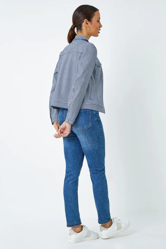 Women Navy Gingham Stretch Pocket Detail Jacket Roman Jackets
