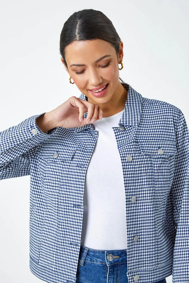 Women Navy Gingham Stretch Pocket Detail Jacket Roman Jackets