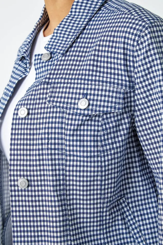 Women Navy Gingham Stretch Pocket Detail Jacket Roman Jackets
