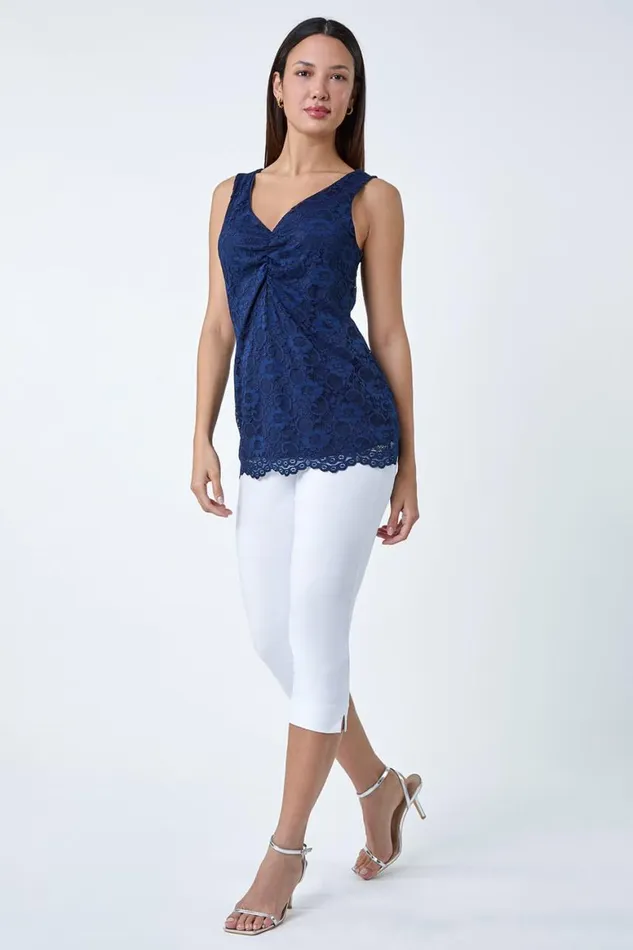 Women Navy Lace Twist Front Stretch Top Roman Tops