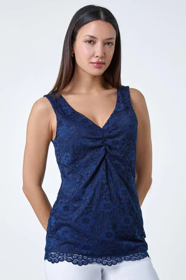 Women Navy Lace Twist Front Stretch Top Roman Tops