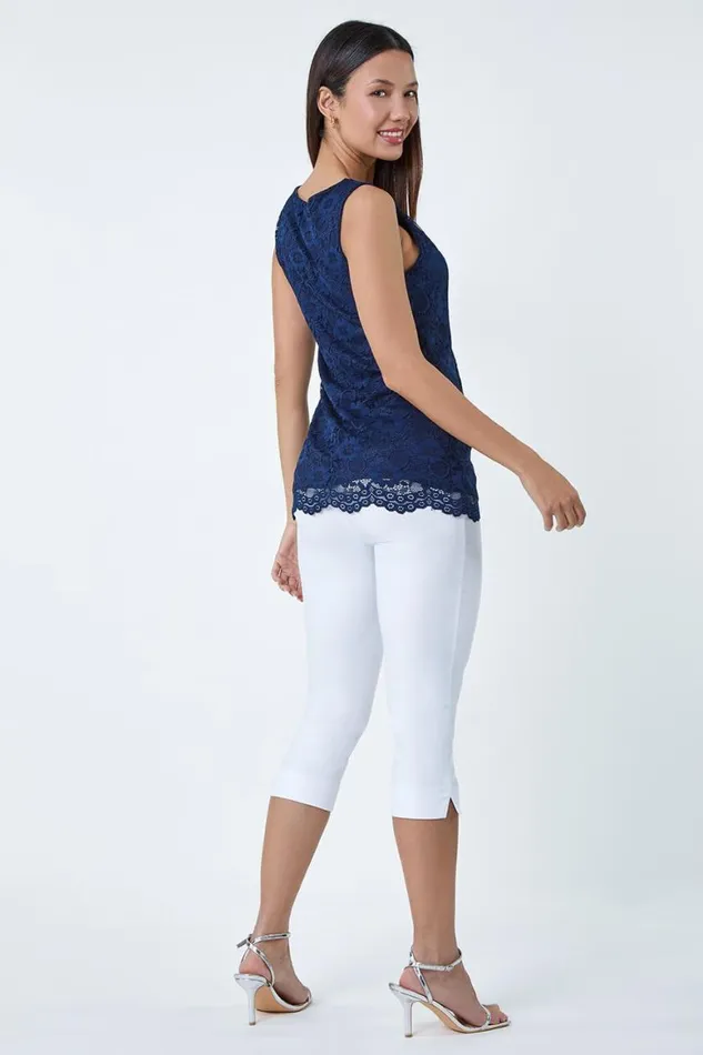 Women Navy Lace Twist Front Stretch Top Roman Tops