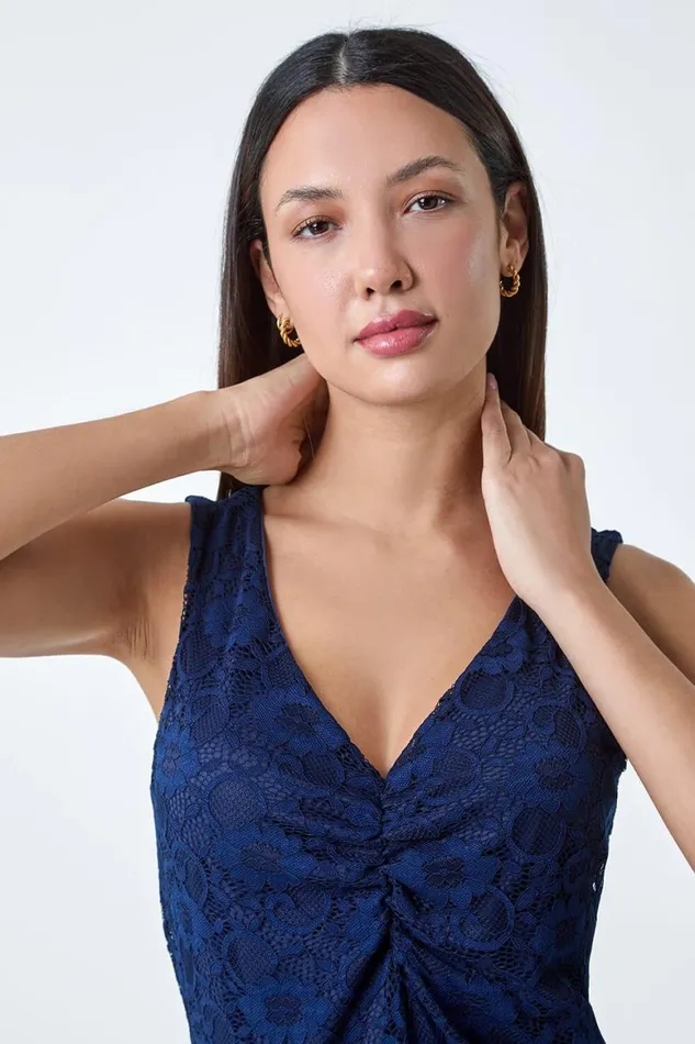 Women Navy Lace Twist Front Stretch Top Roman Tops