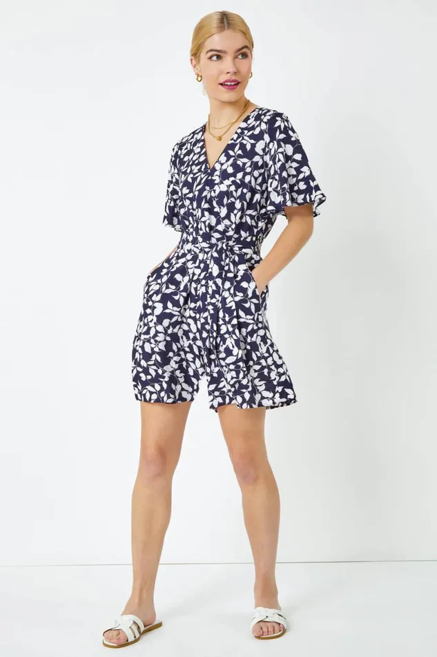 Women Navy Leaf Print Belted Wrap Playsuit Roman Dresses