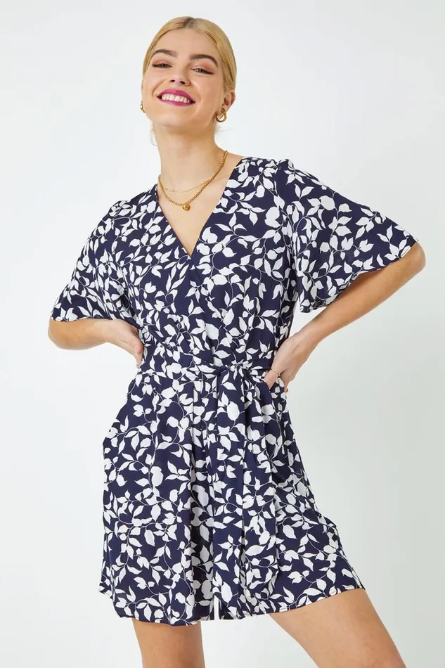 Women Navy Leaf Print Belted Wrap Playsuit Roman Dresses