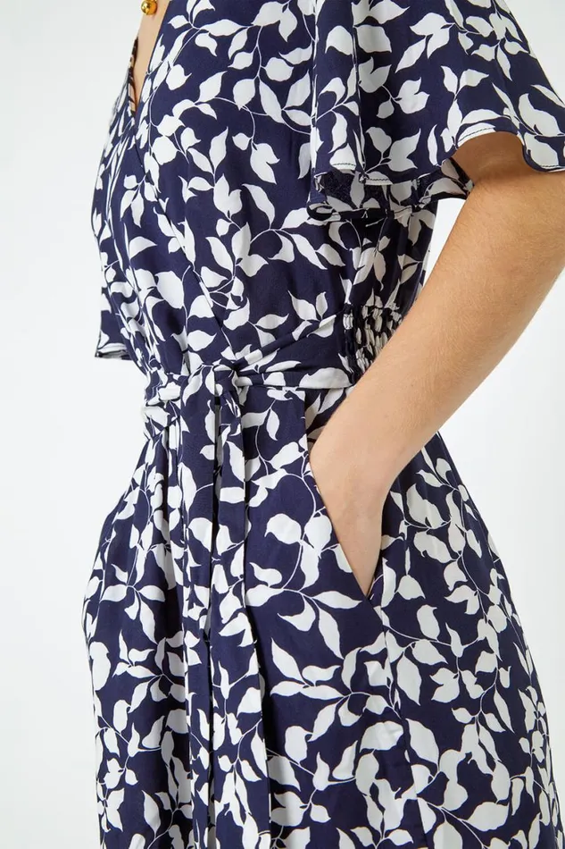 Women Navy Leaf Print Belted Wrap Playsuit Roman Dresses