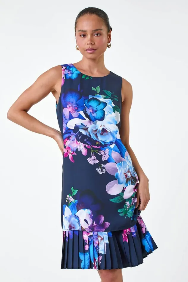 Women Navy Petite Floral Print Pleated Hem Shift Dress Roman Dresses