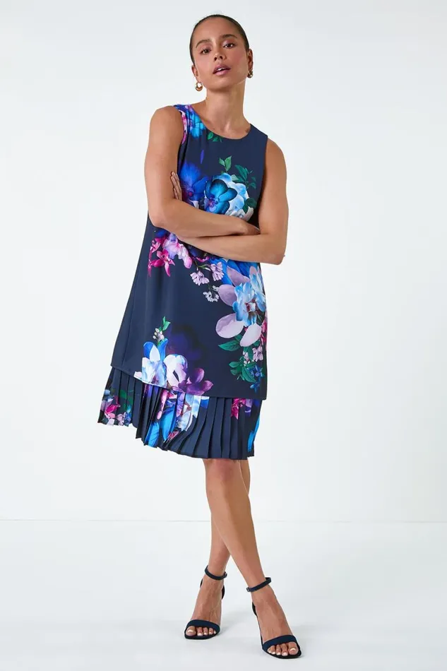 Women Navy Petite Floral Print Pleated Hem Shift Dress Roman Dresses