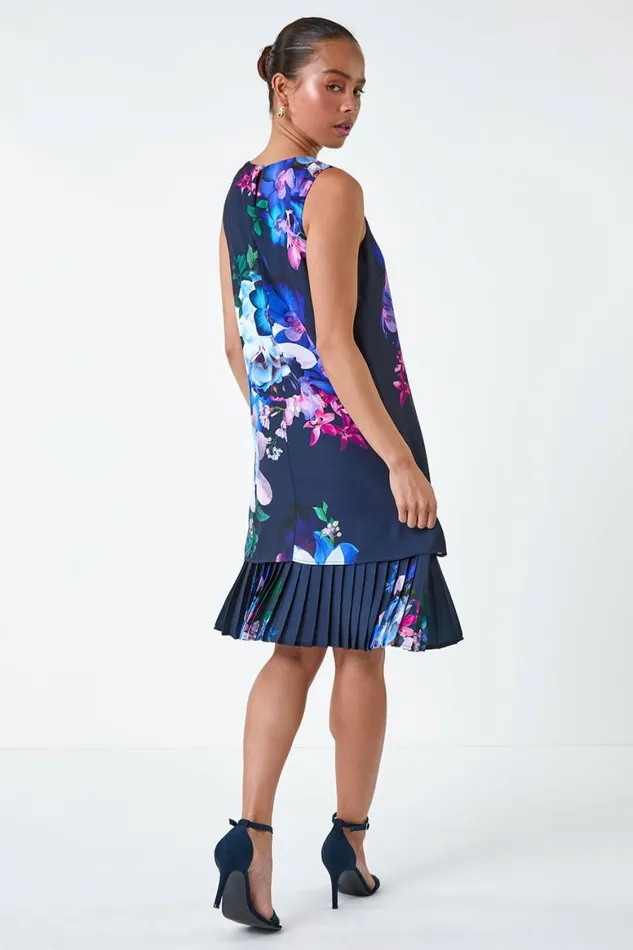 Women Navy Petite Floral Print Pleated Hem Shift Dress Roman Dresses