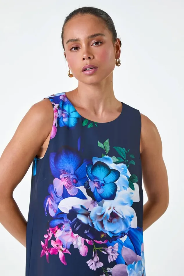Women Navy Petite Floral Print Pleated Hem Shift Dress Roman Dresses