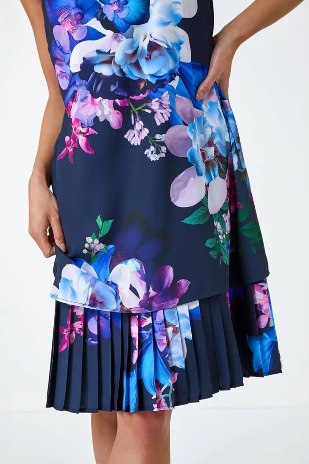 Women Navy Petite Floral Print Pleated Hem Shift Dress Roman Dresses